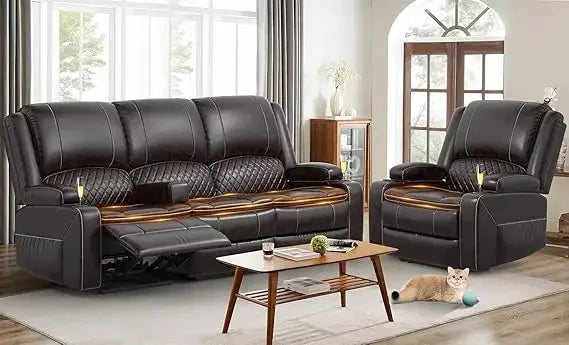 Minimalist PU Leather Recliner Sofa Set With Tiered Cushions