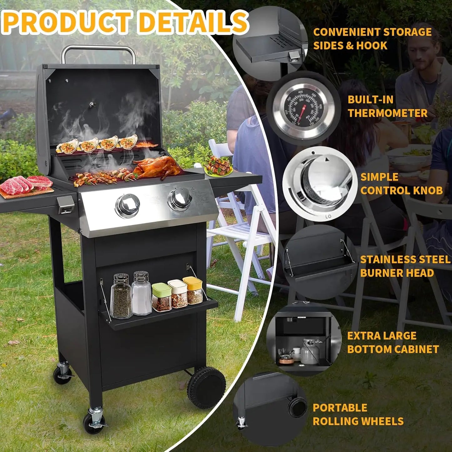 2 Burner Gas Grill 20000 BTU Propane BBQ