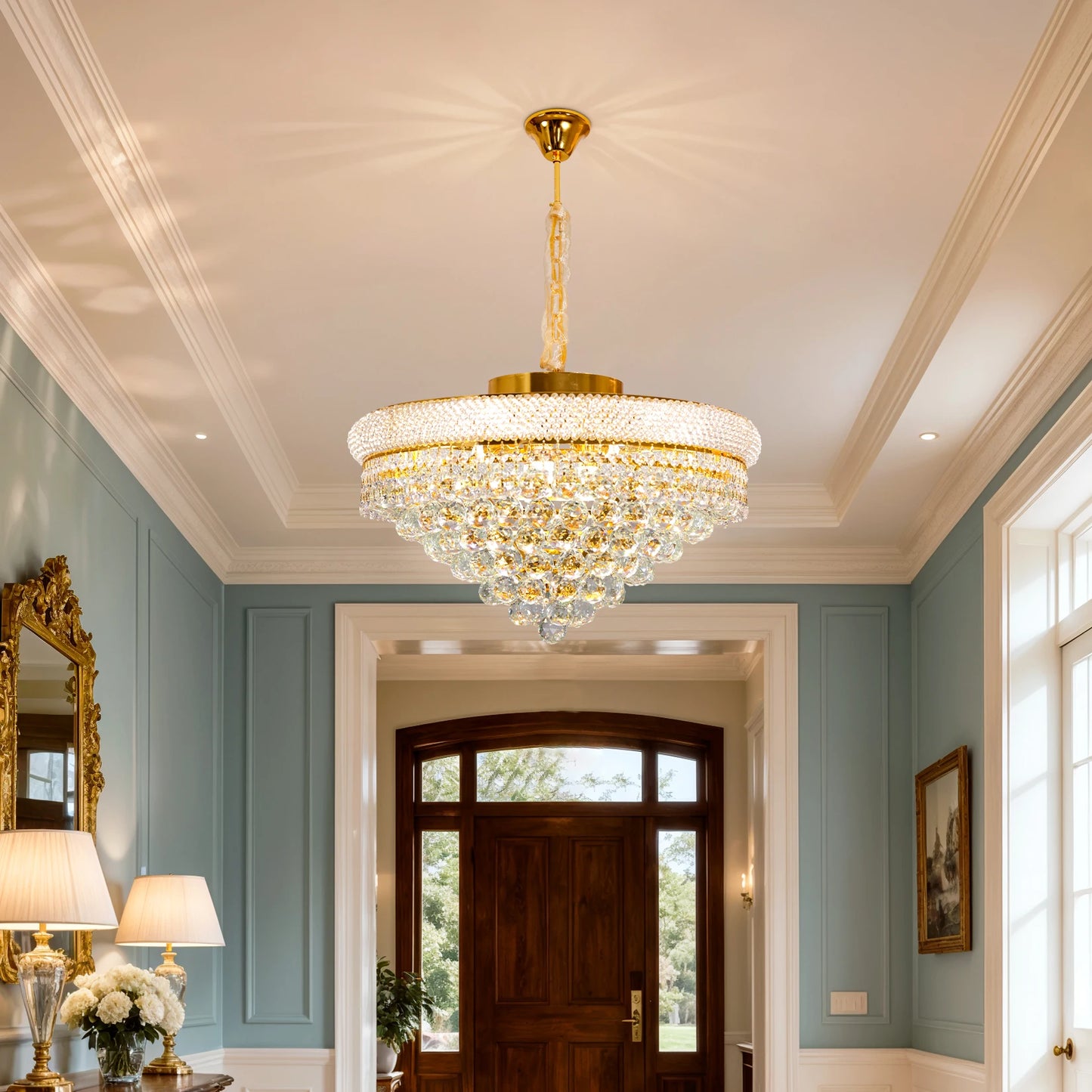 Luxury Round Gold Crystal Chandelier Pendant Light With Adjustable Chain