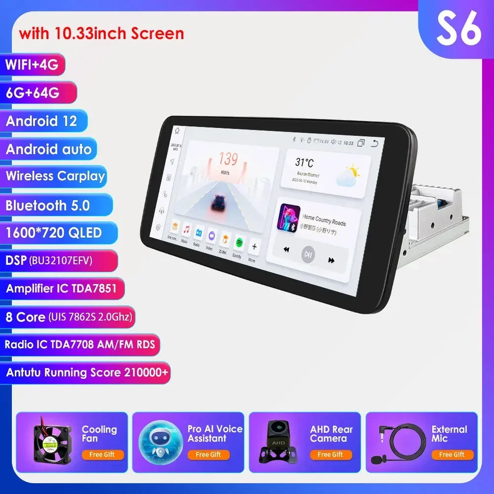 Hizpo 1 Din Car Radio Multimedia Player Detachable Panel 10.33" Wireless Carplay Android 360° Rotatable Universal Stereo GPS BT