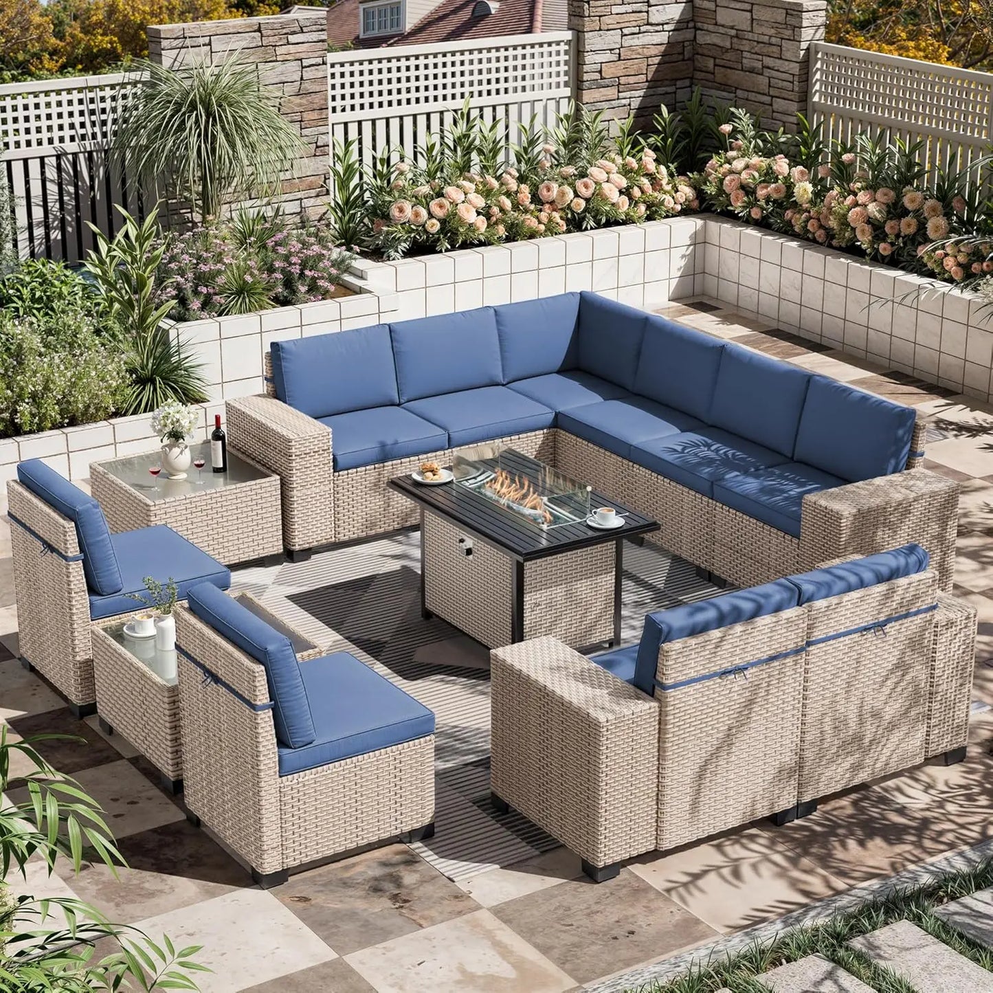 Thirteen Piece Outdoor Patio Wicker Furniture Set High Back Rattan