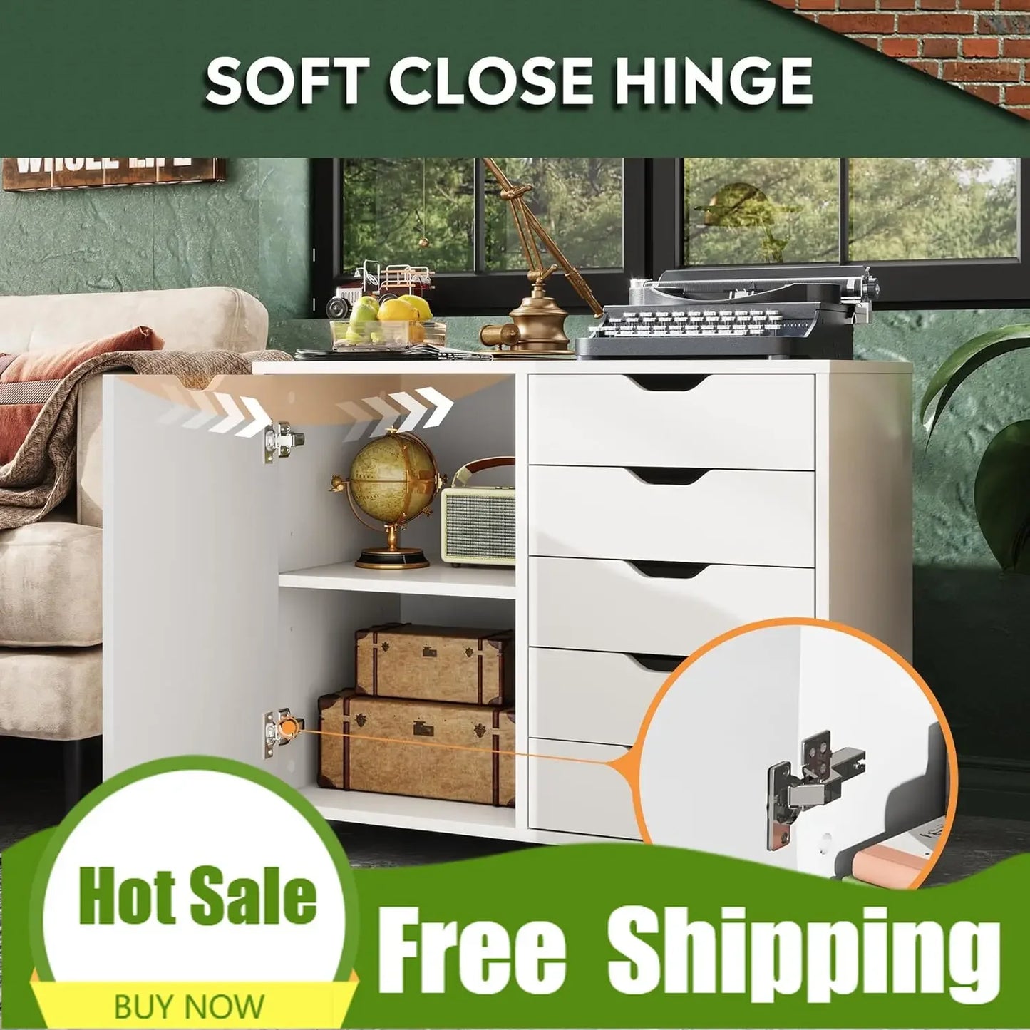 XMSJ 5-Drawer Dresser Chest With Door Mobile Storage Cabinet Printer Stand For Home Office