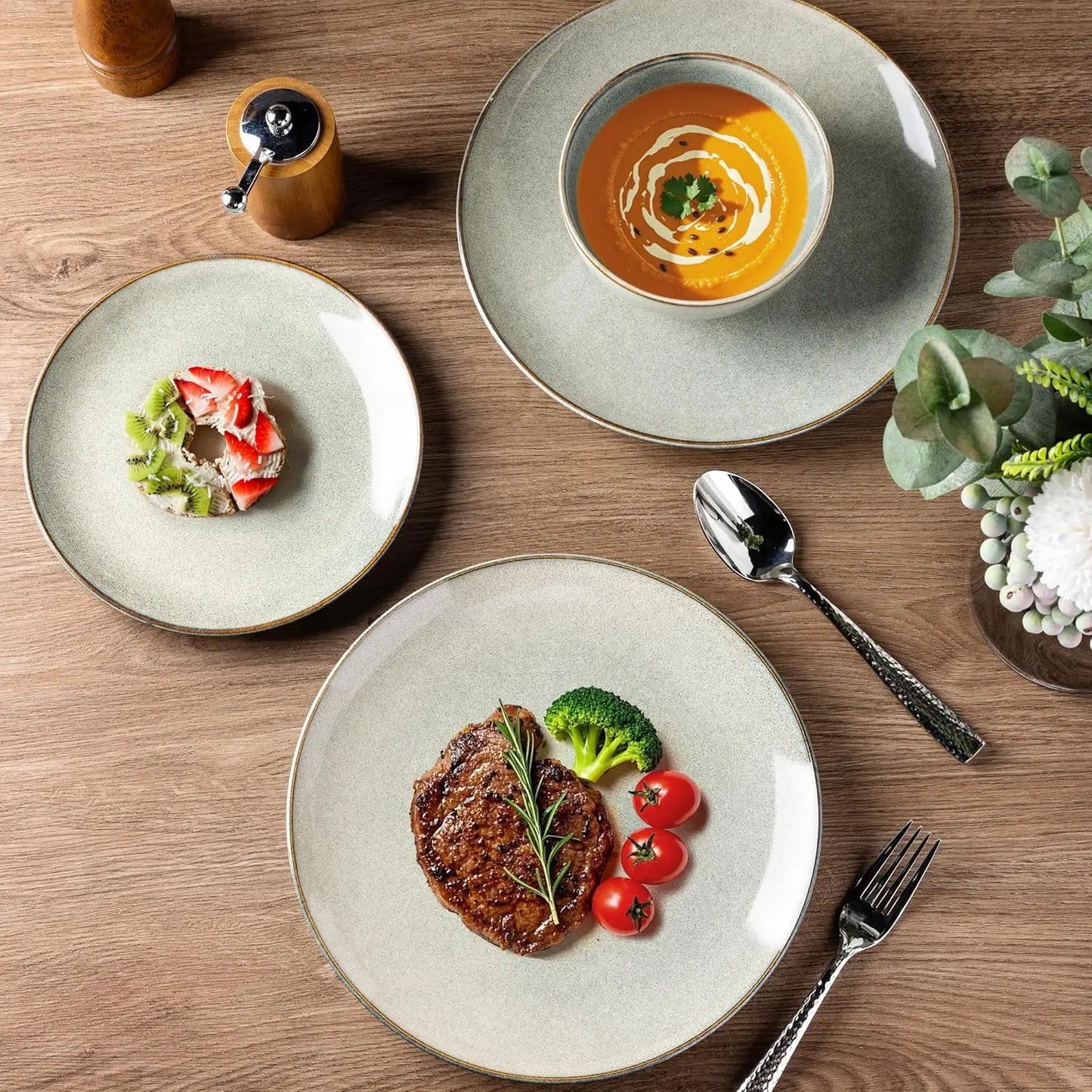 Ceramic Dinnerware Sets for 6, 18 Pieces Handpainted Plates and Bowls Set, Scratch Resistant Stoneware Dishes Set, Dishwasher &