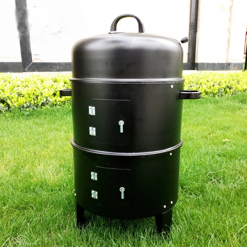 3 in 1 Vertical Charcoal BBQ Smoker Heavy Duty Round Smoking Grill Barbecue Smoker Barrel with Built-in Thermometer for Outdoor