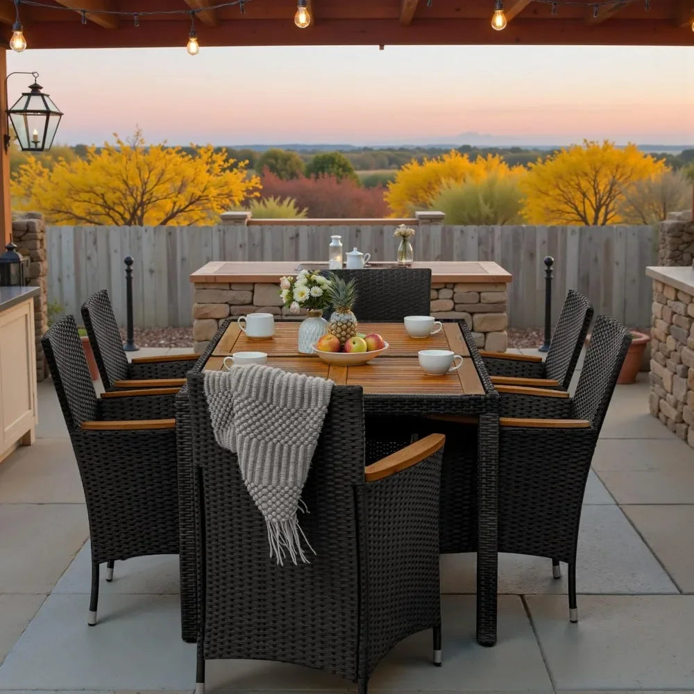 7 Piece Outdoor Patio Dining Set With Table And Rattan Chairs Cushions