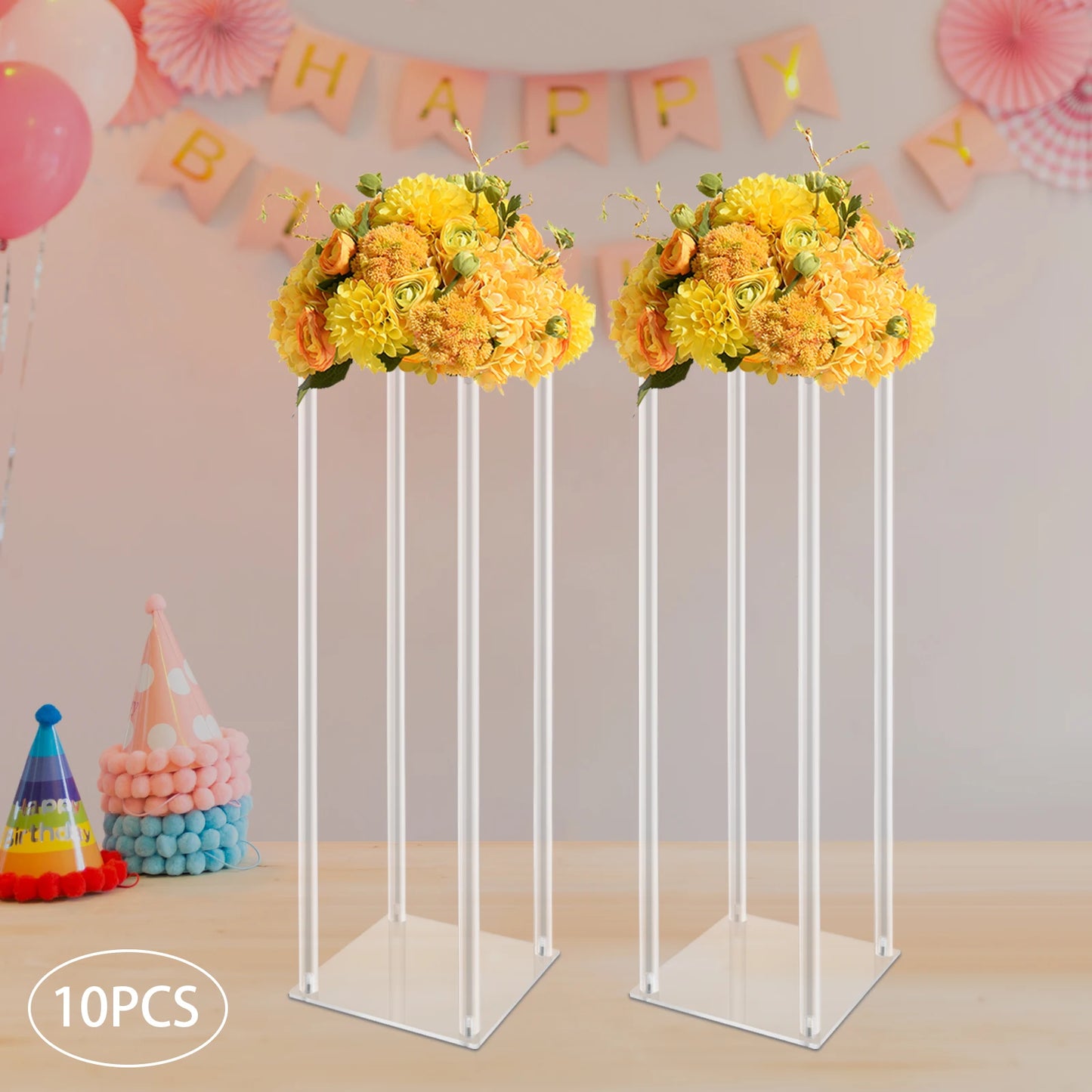 10Pcs Acrylic Vase Wedding Flower Stands Set, 23.6"H Clear Column Rack Geometric Display Stand for Home Party Wedding Decor