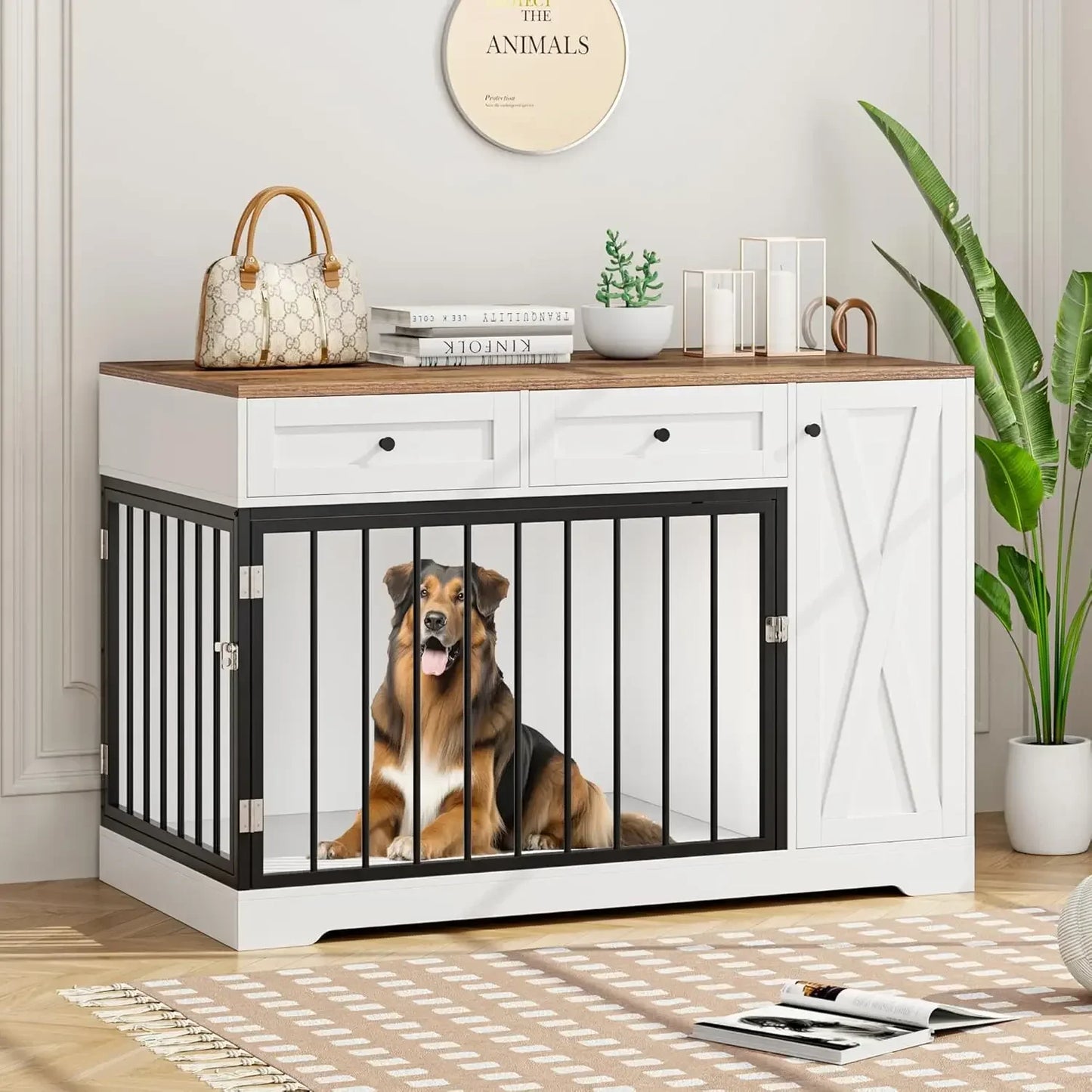 Wooden Dog Crate Furniture With Double Doors And Storage Cabinet Farmhouse Style Kennel