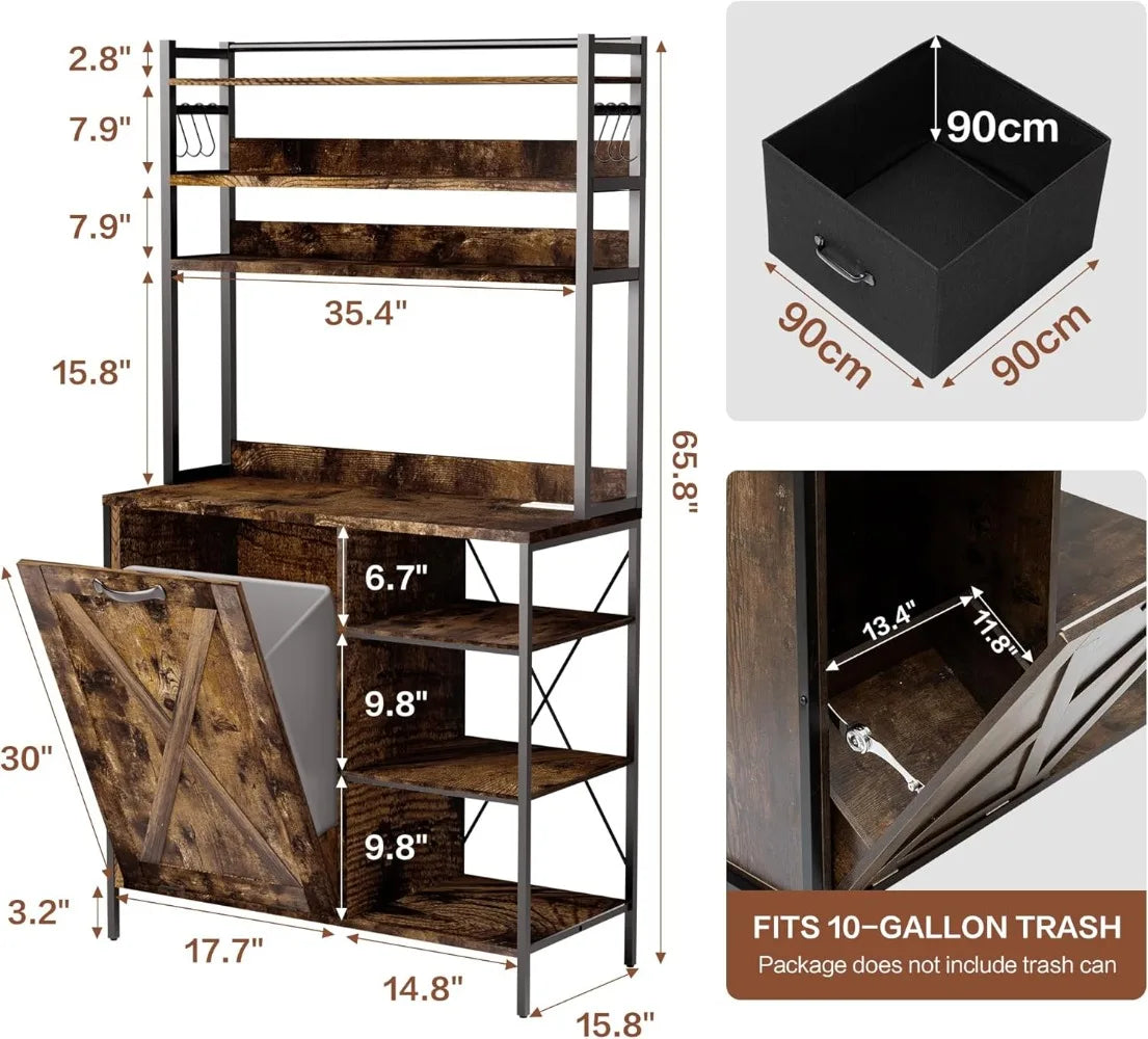 Kitchen Bakers Rack with Tilt-Out Trash Cabinet, Tall Coffee Bar Station with Power Outlet, Microwave Stand with Drawers