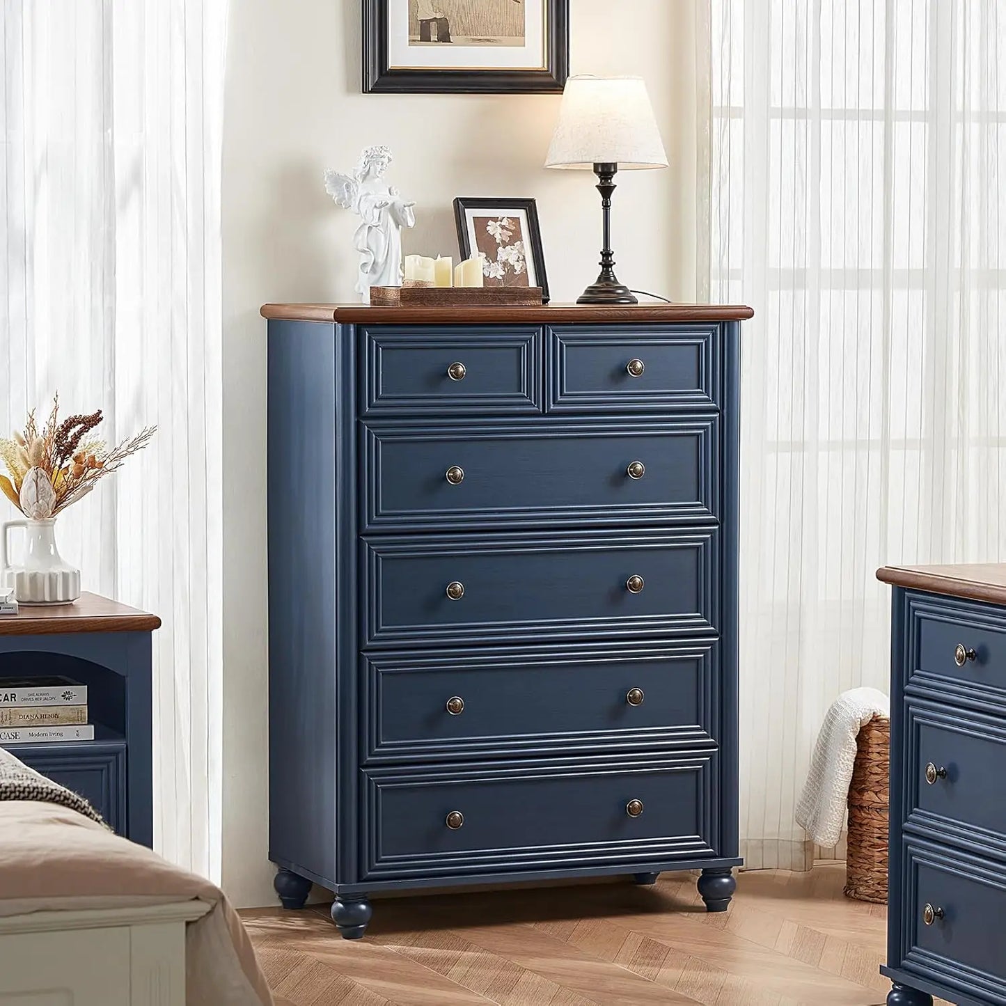 Farmhouse Dresser 6-Drawer Rustic Wood Chest With Metal Handles Bamboo Construction For Bedroom Storage