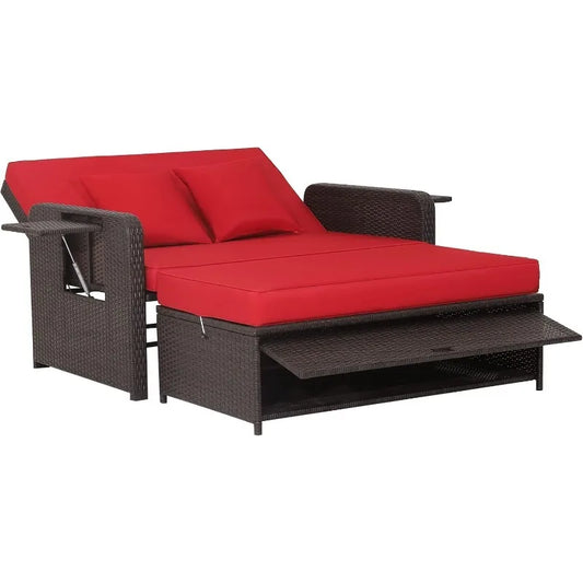 Patiojoy Rattan Daybed with Ottoman and Retractable Side Tray