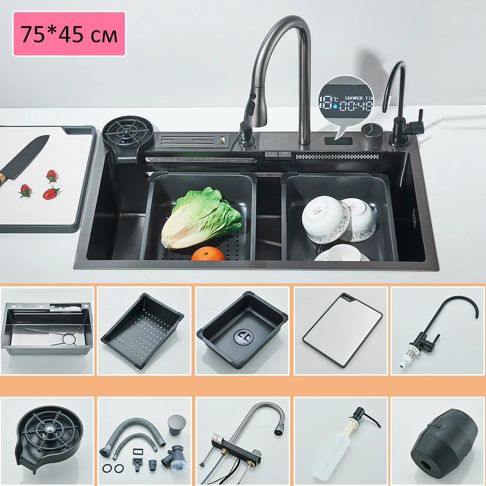 Quyanre 304 Stainless Steel Kitchen Sink Double Waterfall Faucet Set