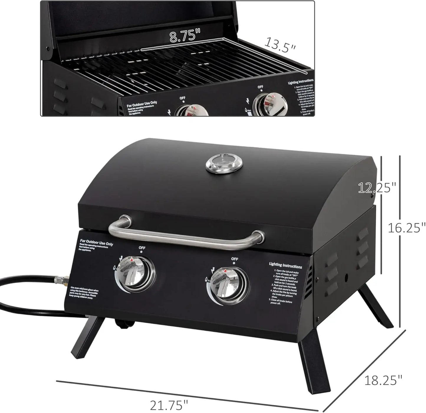 XMSJ Two Burner Propane Gas Grill Outdoor Portable Tabletop BBQ with Foldable Legs and Thermometer
