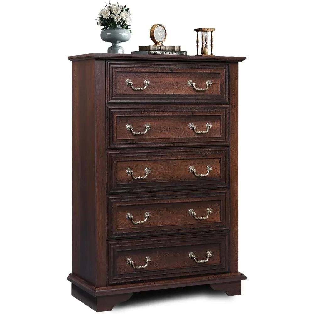 Farmhouse Dresser for Bedroom, Tall Wood Dresser with 5 Drawer, Chest of Drawers with Roman Metal Handle for Living Room