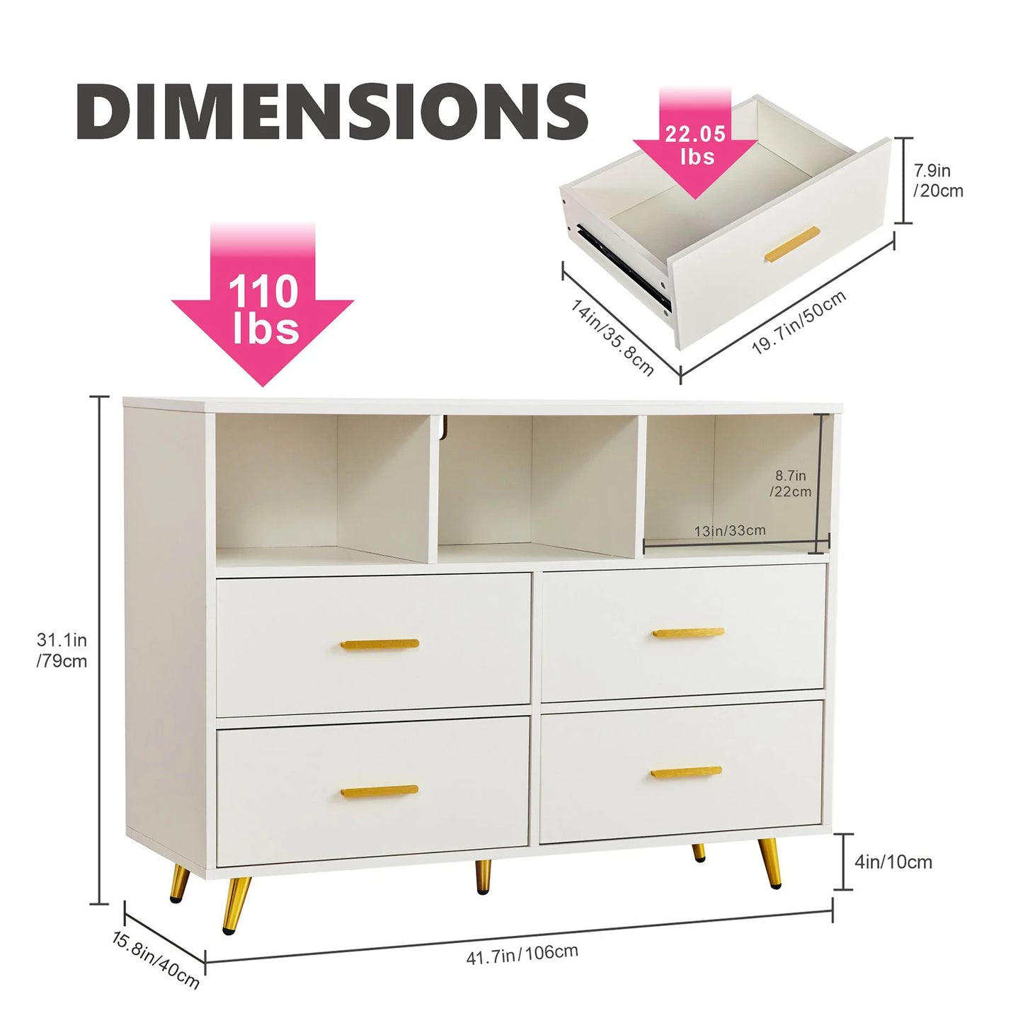 REDLIFE 4 Drawer Dresser for Bedroom Wood Furniture TV Stand w/ 3 Open Sheleves for Storage Closet & Living Room & Console Table