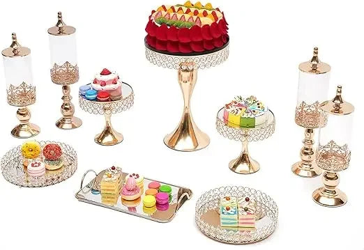 NEW Crystal Beaded Cake Stand Set of 11 Silver for Wedding Dessert Table Metal Cupcake Stand&Mirrored Top Pastry Candy Display