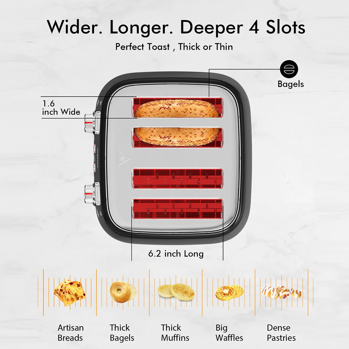 Toaster With Wide Slots And 6 Shade Settings Crumb Tray