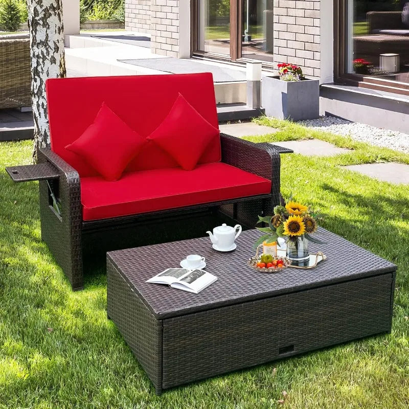 Patiojoy Rattan Daybed with Ottoman and Retractable Side Tray
