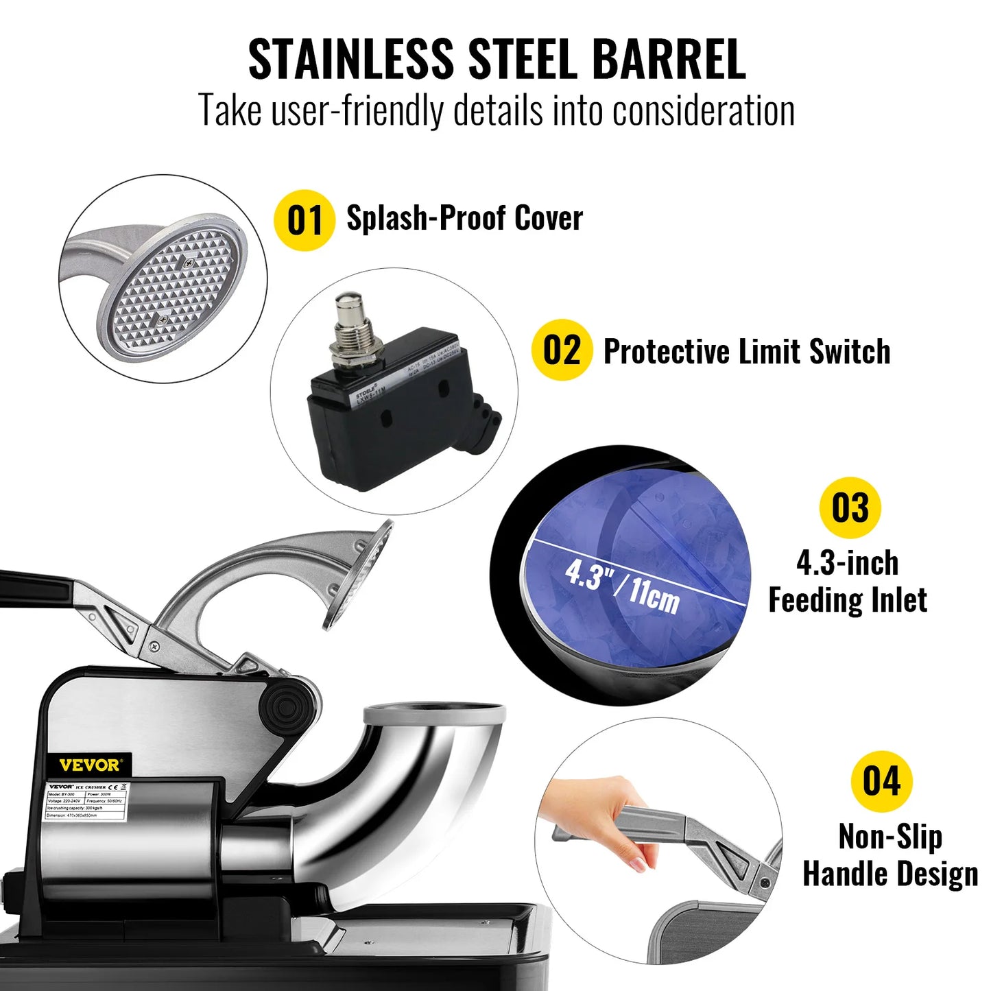 SucceBuy Electric Snow Cone Machine Ice Shaver Crusher Granizing Glass Blender Mixer Chopper Stainless Steel Colder Commercial