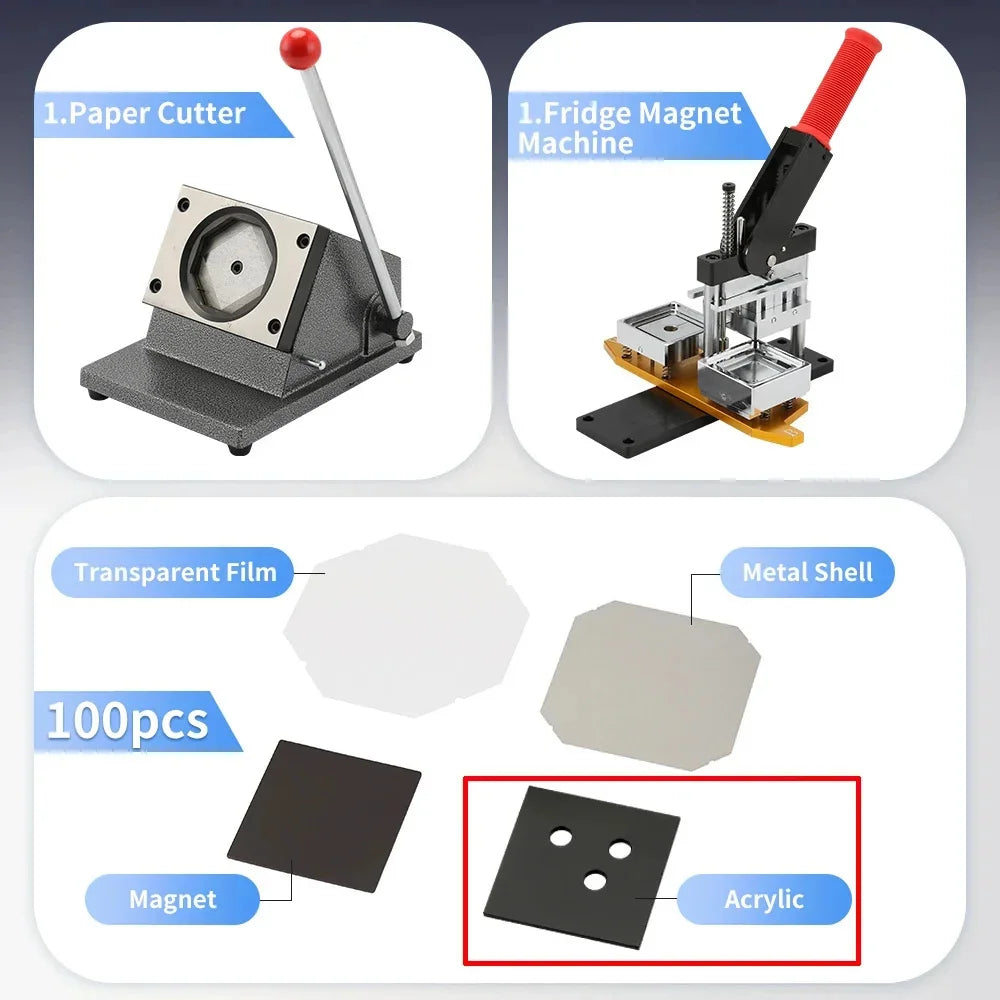 2*2" 2.5x2.5" Fridge Magnet Button Making Machine, 50*50mm Square Refrigerator Magnets Maker Machine+Cutter+100pcs Materials Set