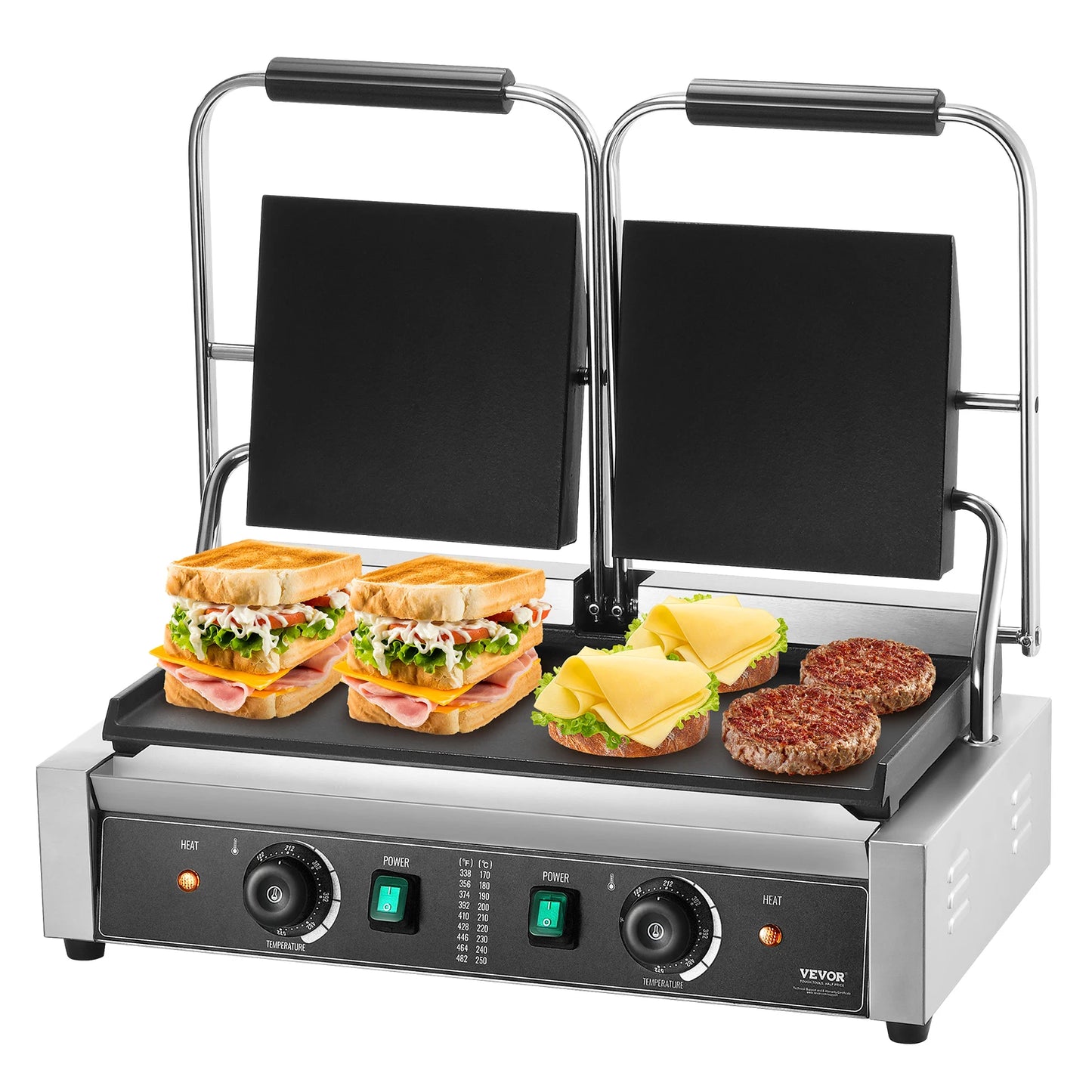SucceBuy Commercial Panini Grill 3600W Electric Panini Maker Stainless Steel Double Sandwich Press Panini Grill w/ Temp Control