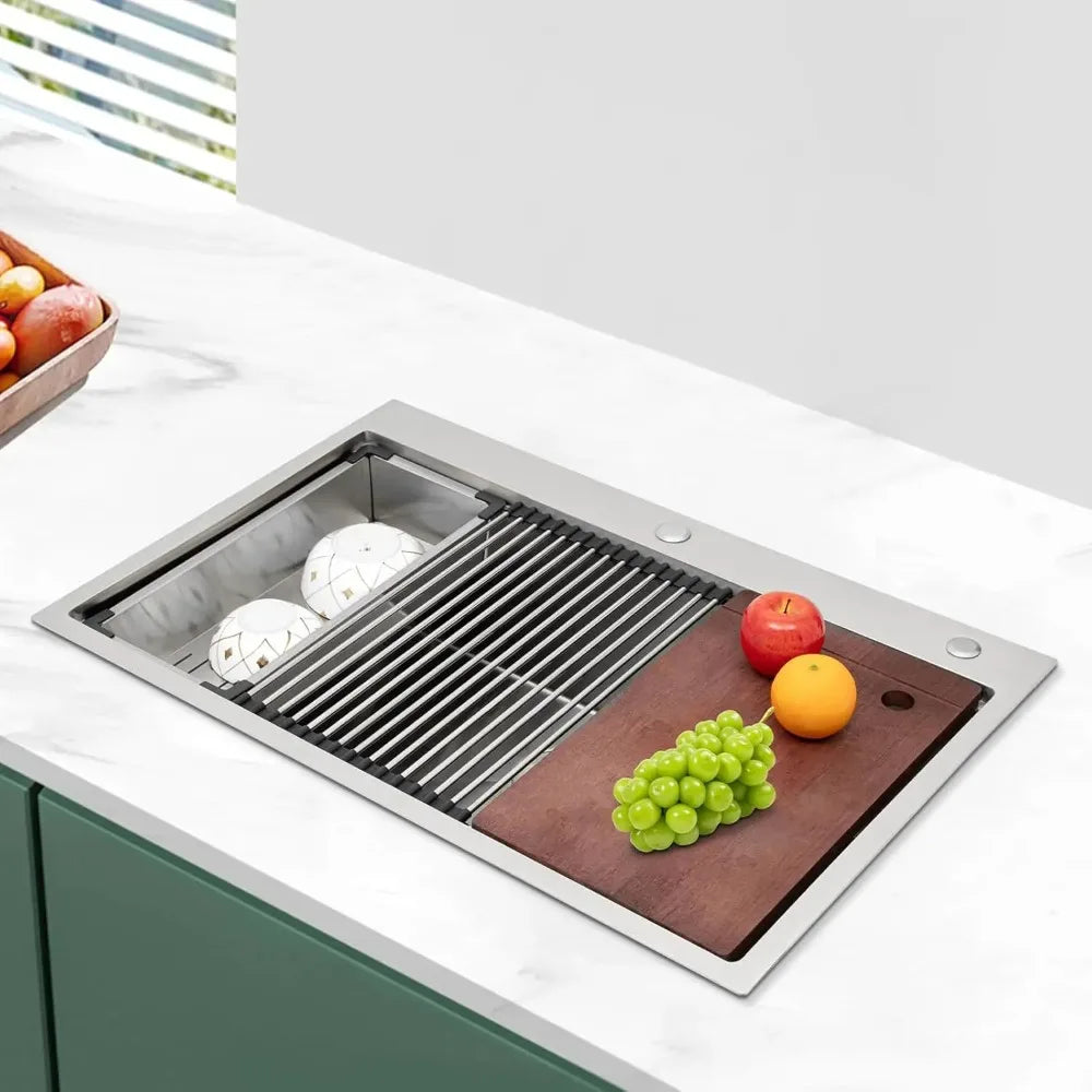 Stainless Steel Kitchen Sink With Cutting Board Holder And Strainer